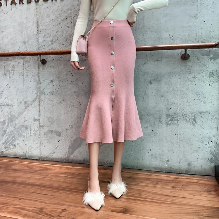 Розовые вязанные Юбки Женские Розовые Русалка Bodycon Высокая талия корейский стиль юбки