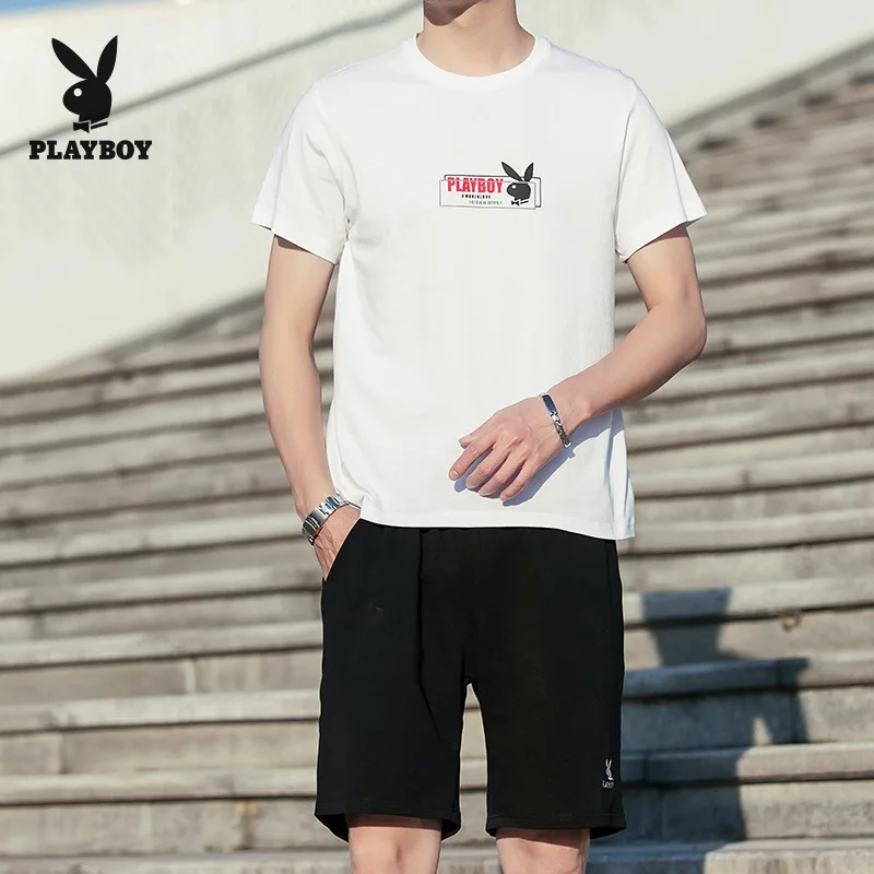 Brand 2020 Playboy Teen Men's Slim Breathable Fashion Trendy T-Shirt + Five-Pants Sports Pants Set Clothes