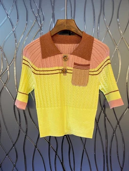 

2020 Spring and Summer New Women's Color Matching Stitching Decorations Lapel Single Pocket Short Sleeve All-match Top 710