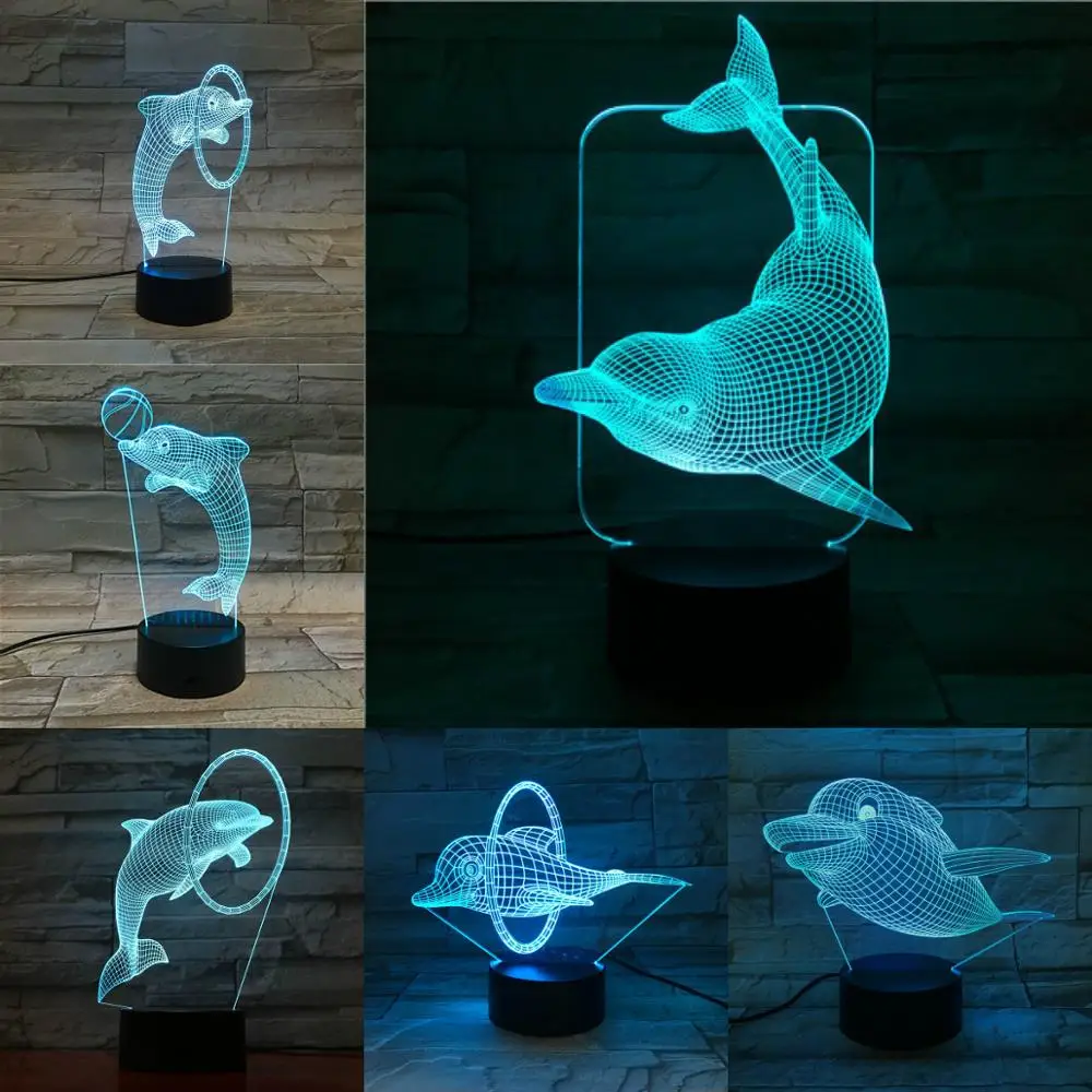 Ocean Animal Dolphin 3D лампа USB зарядка рыбка Ночной светильник 7 цветов Изменение