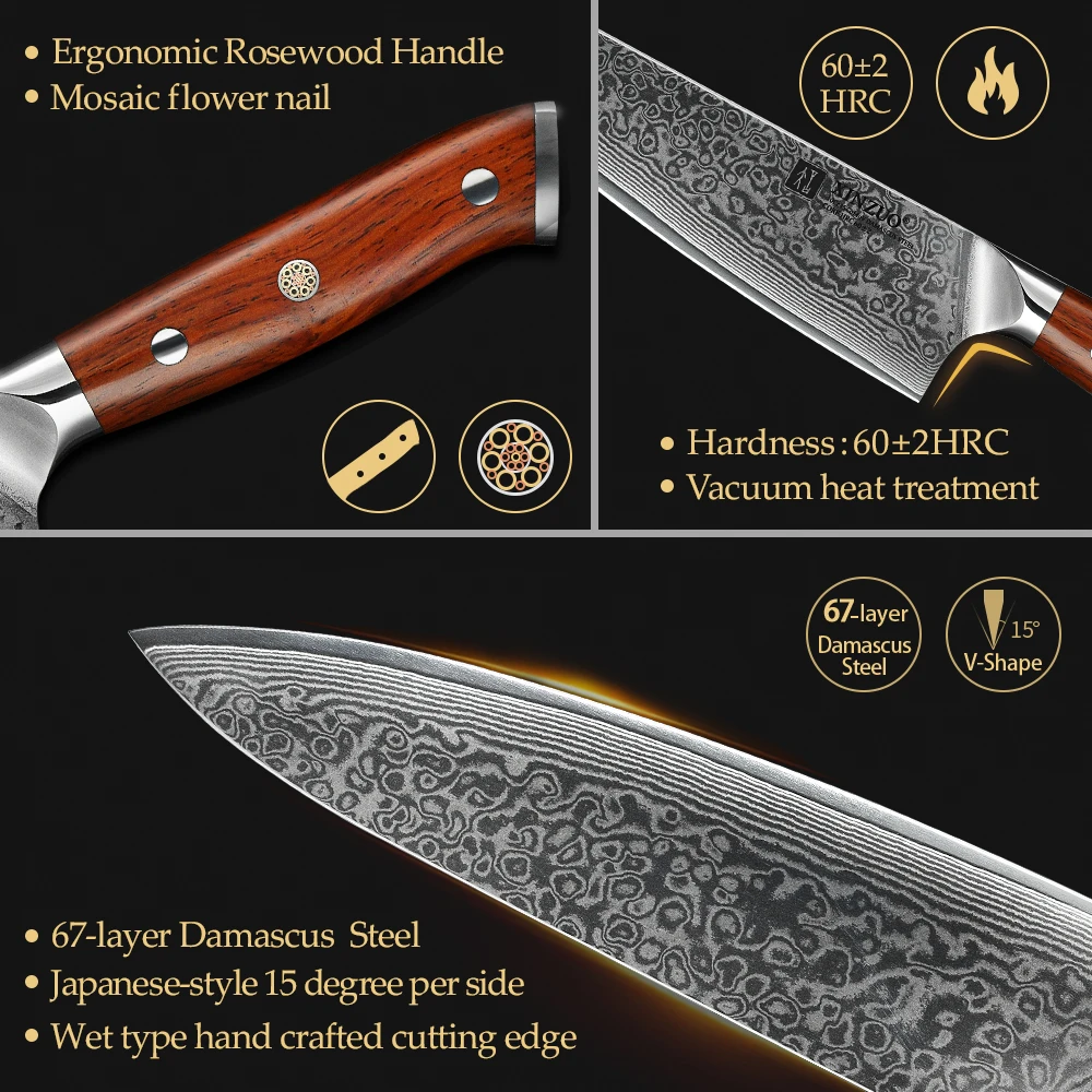 XINZUO B37 5pcs Knife Set with Olive Wood + Copper Flower Nails Damascus  Steel 62-64 HRC K – The Bamboo Guy