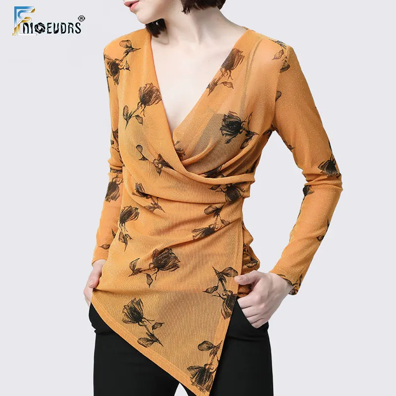 

Autumn Fall Basic Shirts Blouses Women Plus Size European Star Show Style Design Deep V Neck Floral Printed Top Blouse A324