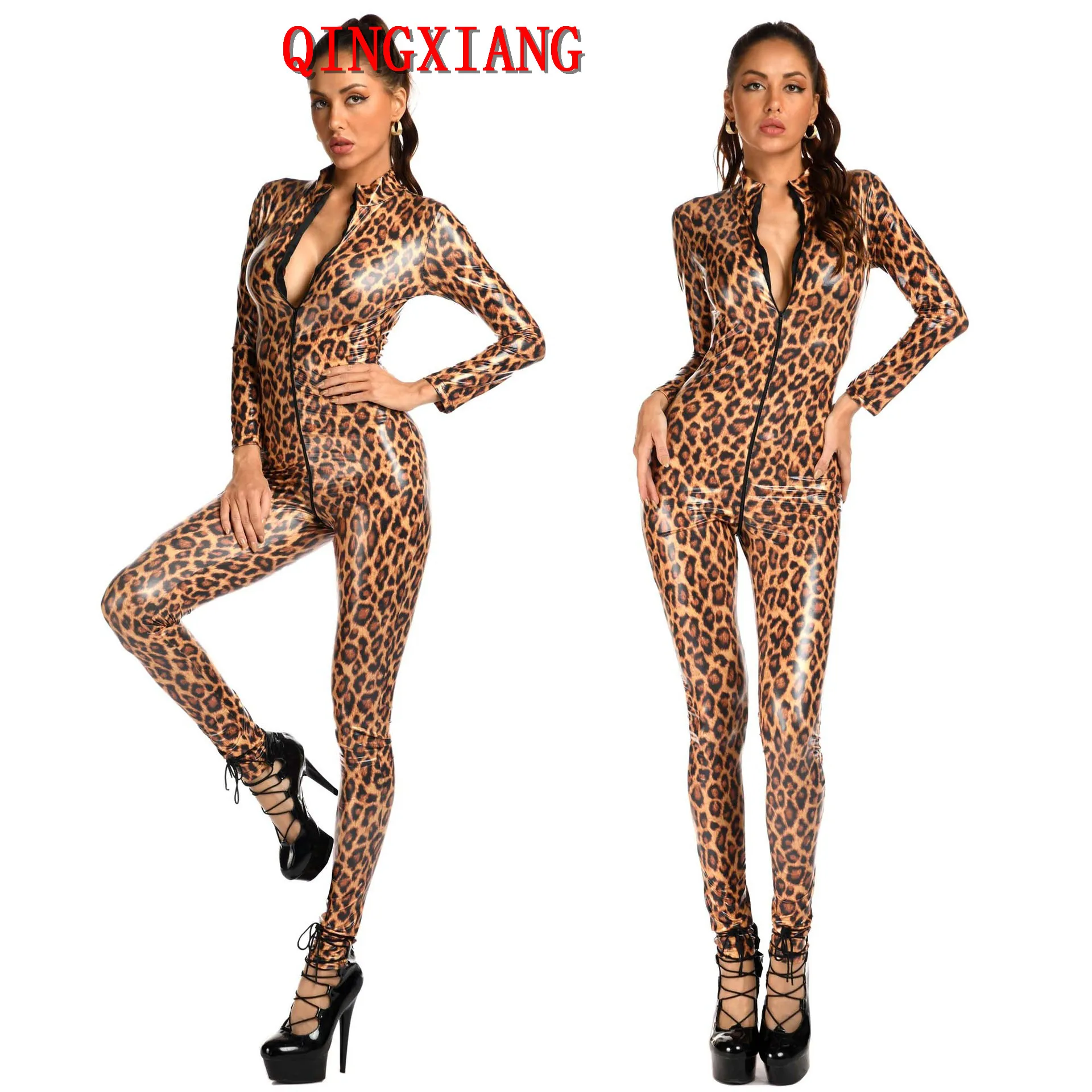 

M-XL Women Leopard Printed Front Zipper Crotch Tight Bodysuit Stand Neck Wet Look Club Elastic Stage Performance Jumpsuit