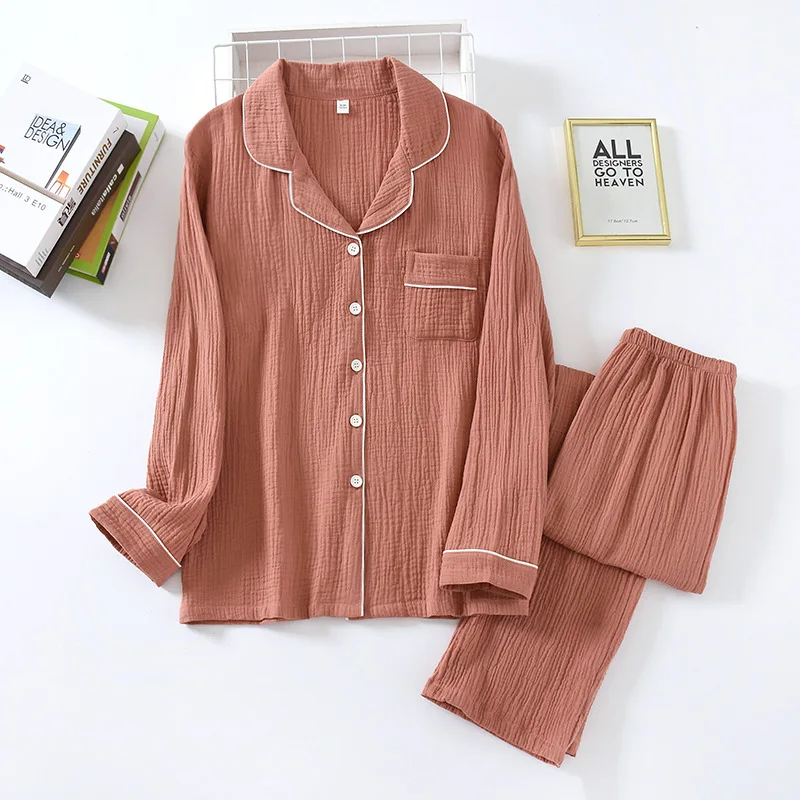 New spring and autumn pure cotton crepe cloth couple soft and breathable men long-sleeve simple home service women two piece set