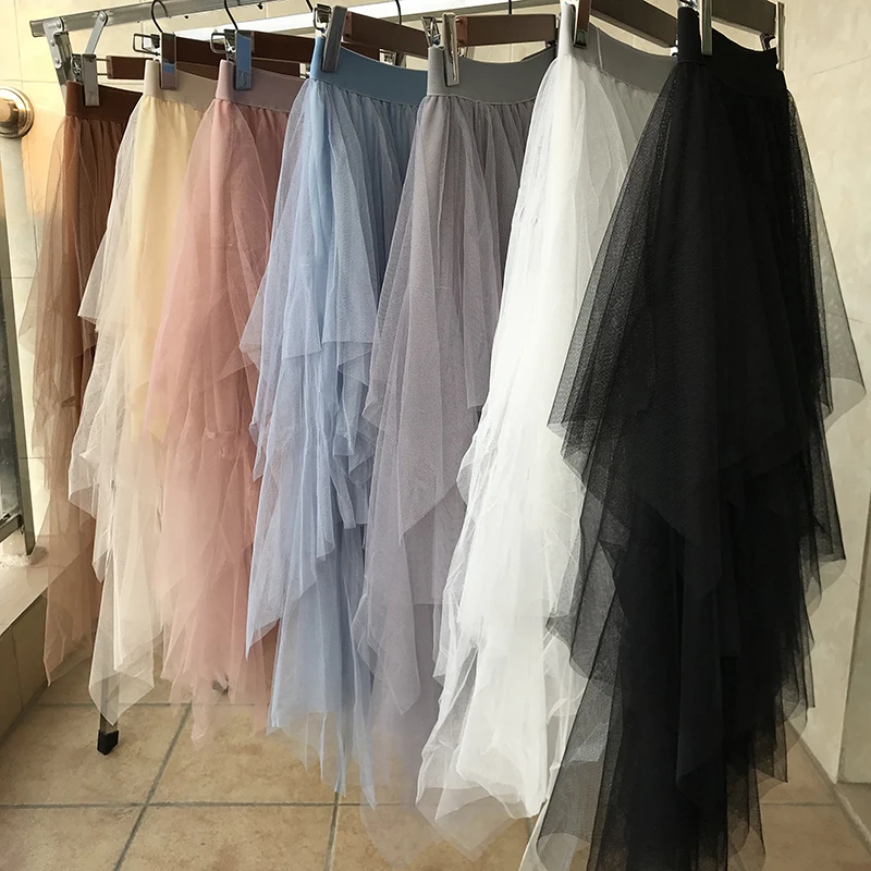 Skirts Womens Tulle Faldas Mujer Moda 2020 Fashion Mesh Elastic High Waist Tutu Maxi Pleated Long Midi Saias Jupe Women's Skirt