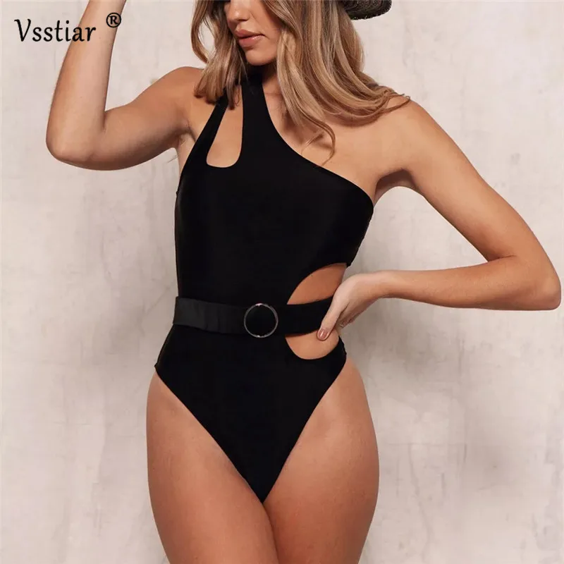 black one shoulder cut out swimsuit