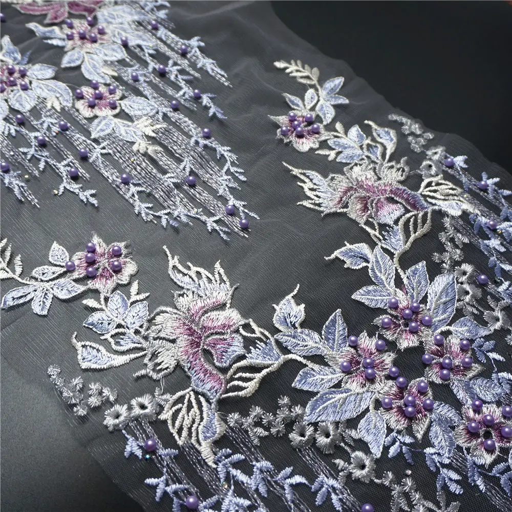 1 комплект фиолетовый кружевной ткани цветок кисточкой бусины Стразы Вышитые свадебное платье аппликация сетка пришить патч для платья DIY Декор