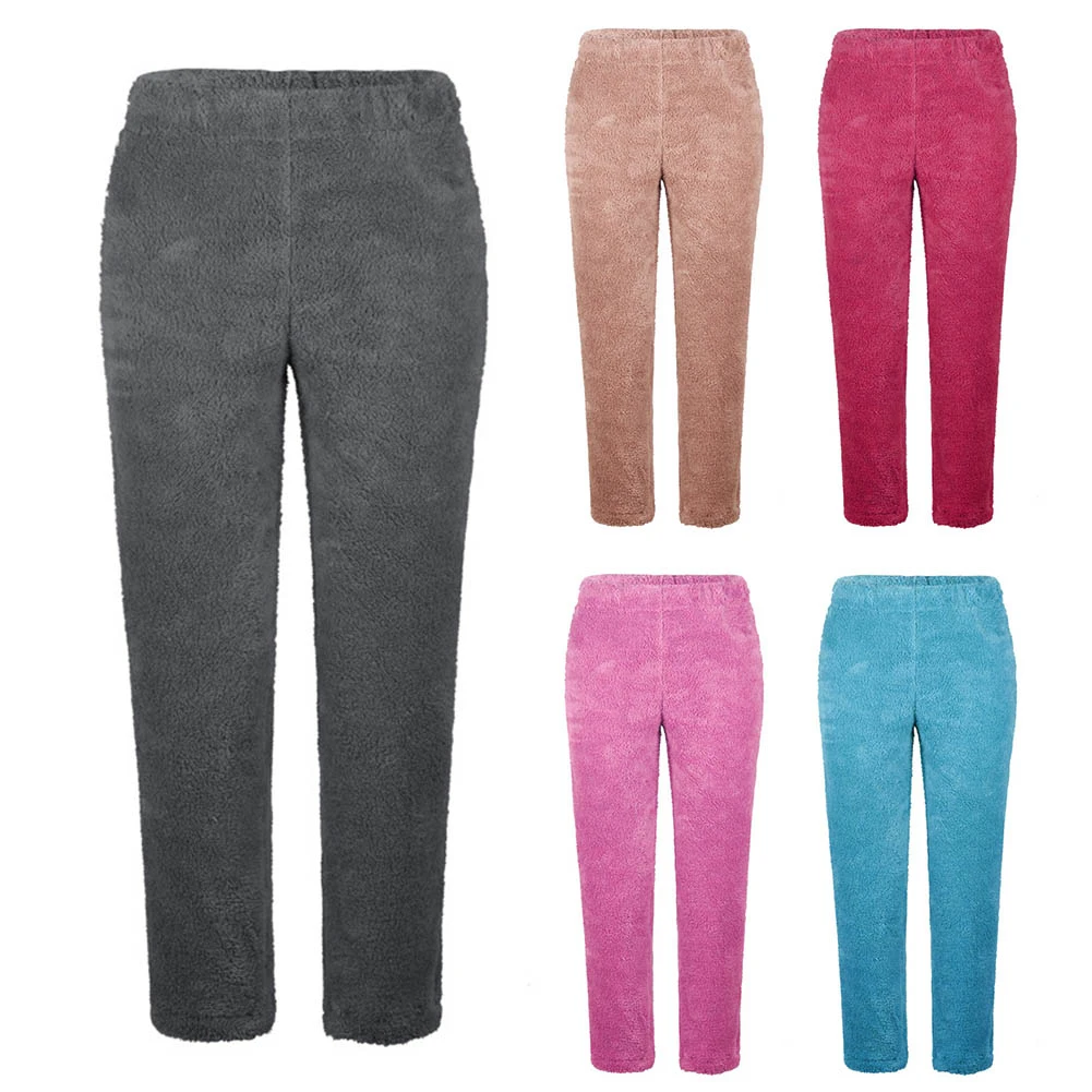 European and American New women's warm sleep pants Winter Warm Fleece sleepwear Long Pants Women Solid Color Loungewear Nightwea