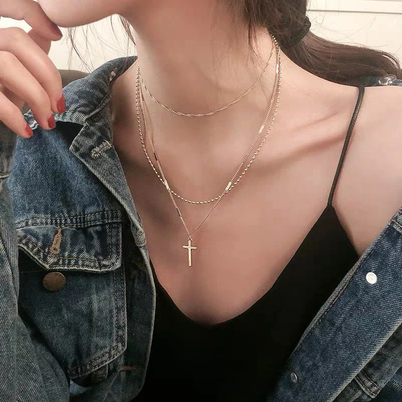 Simple Multi-layer Gold Cross Chain Pendant Necklace Exaggerate Punk Women’s Fashion Beads Choker Ladies Party Jewelry Girl Gift
