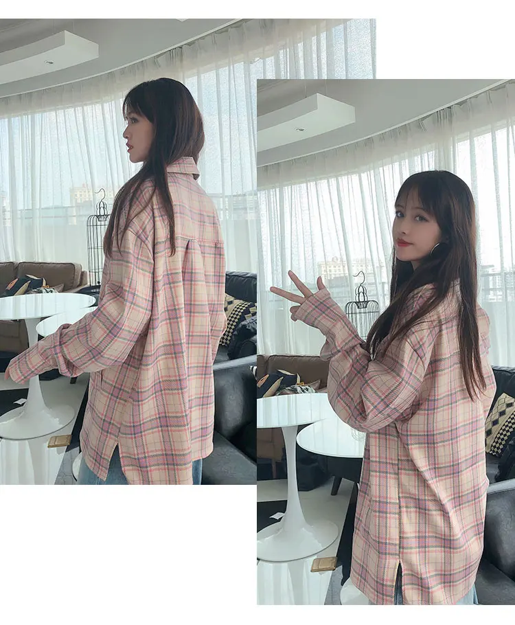 Осень корейский стиль свободный большой размер клетчатая блузка женская рубашка больших размеров с воротником Осенняя стильная пурпурная клетчатая рубашка