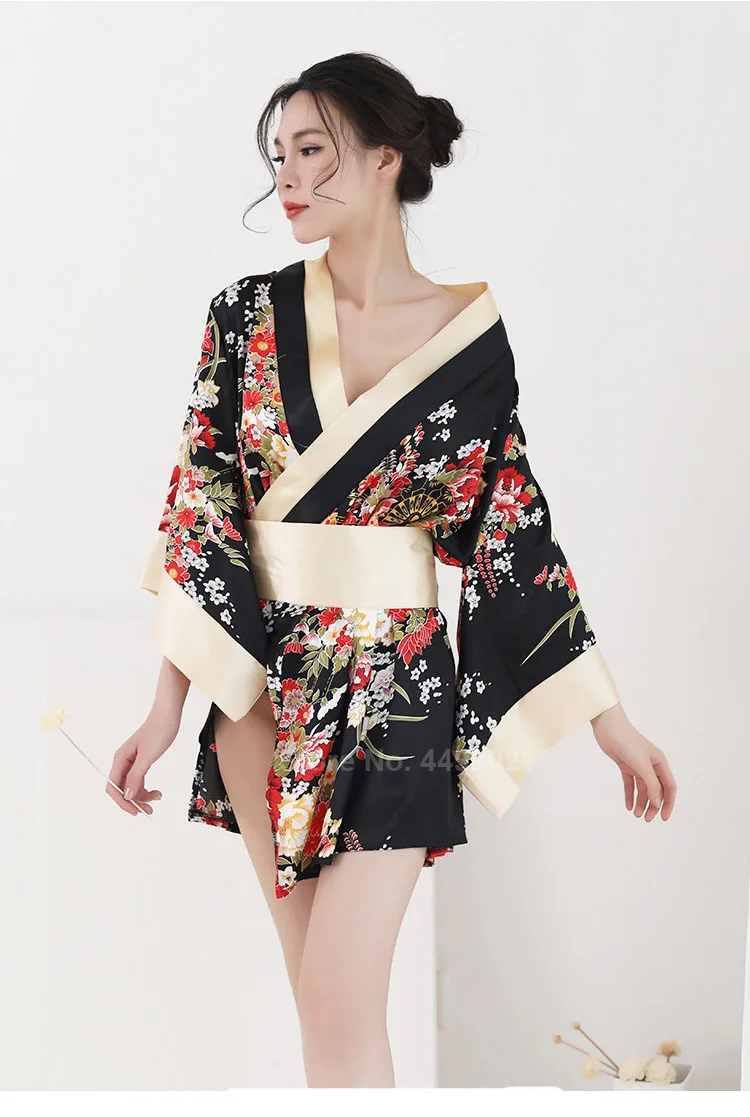 Японское женское кимоно с v-образным вырезом Yutaka Obi Короткая свободная Пижама Geisha девушки привлекательность Haori сексуальный цветочный атласный шелк домашняя пижама