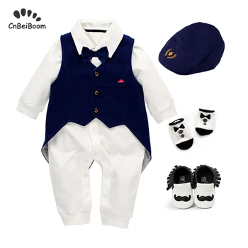 

Baby birthday clothes suit for boys outfit 100% cotton rompers + vest Tuxedo + shoes +socks + hats 5pcs clothing sets wedding