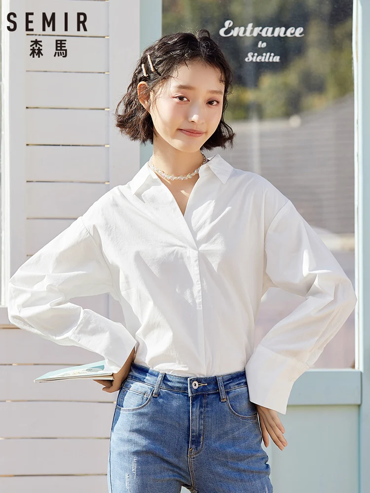 

SEMIR 2020 spring and autumn new V-neck long sleeve blouse women cotton contrast color ribbon inch shirts