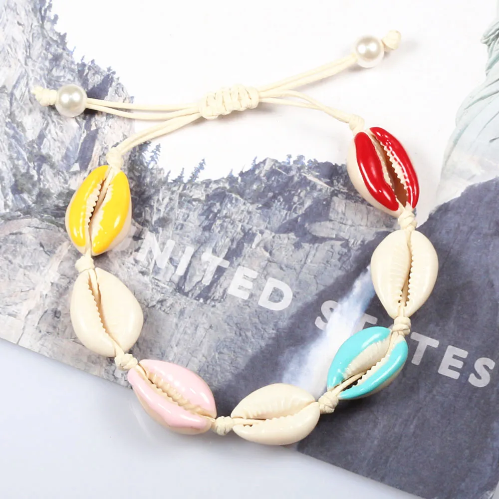 

Multicolor Women Shells Bracelet Natural Cowrie Rainbow Printed Strand Bracelet Bangles Beach Girl Charm Jewelry Gift Adjustable