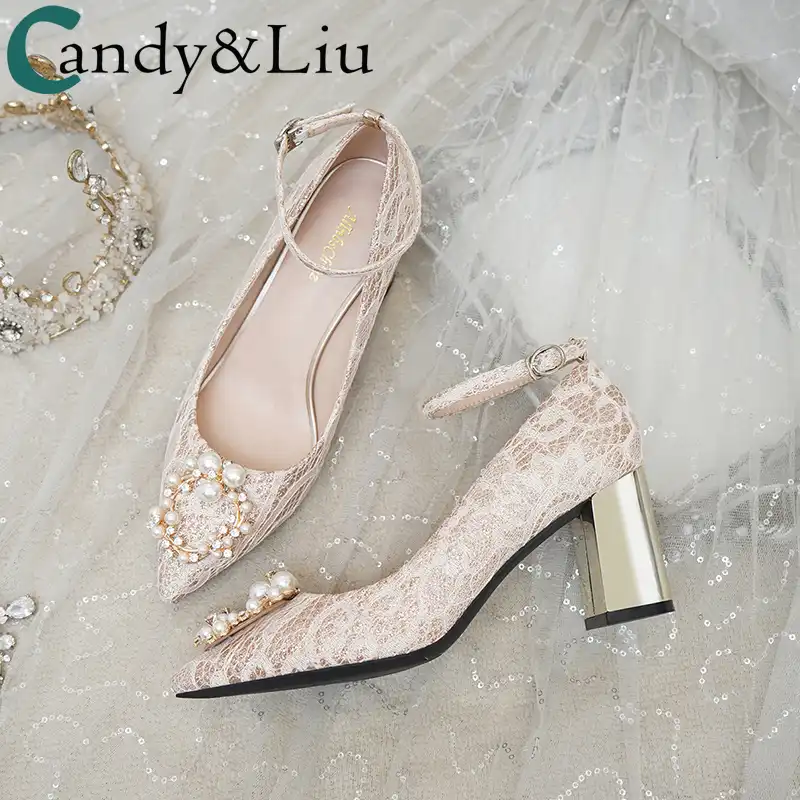結婚式は 女性の新しいブライダルラフかかとスパンコールバックルストラップハイヒール低ヒール妊娠中のレースカスタマイズパーティークリスタルの靴 レディースパンプス Aliexpress