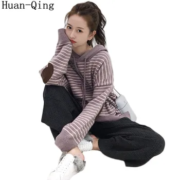 

Plus Size Sweatshirt Suit Knitted Sweaters Tracksuit 2 Piece Set Autumn Women Hooded Striped Pullover Tops + Pants Two Piece Set