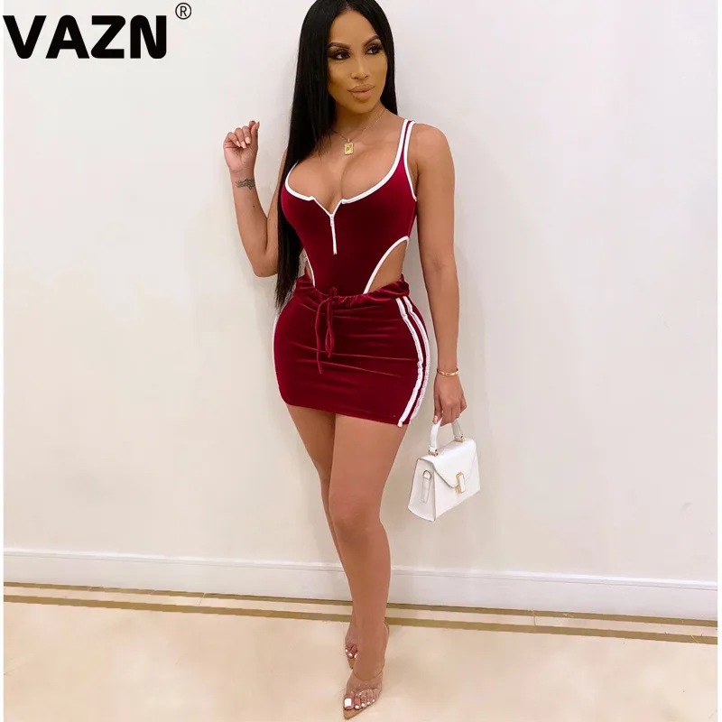 VAZN, новинка, замшевый комплект, необычный сексуальный клубный комплект, однотонный, с вырезом, 1 шт., боди, 1 шт., мини юбки, тонкий женский комплект из 2 предметов