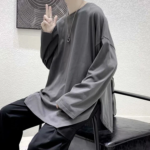 Irregular Loose Long Sleeve Men Tshirt Split Fork Fashion All-Match Solid Color Spring Summer Tops Oversized Japanese Streetwear gray