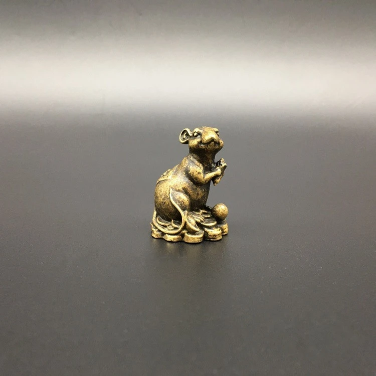 

Chinese Copper Carved Zodiac Animal Blessing Mouse Mice Bring Wealth Coin Money Exquisite Small Statues