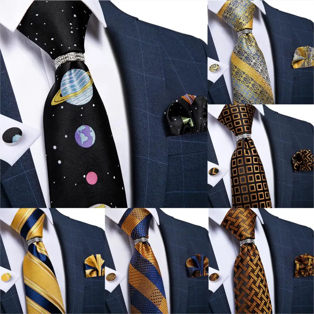 

DiBanGu Mens Neckite Black Gold Silk Wedding Tie For Men Novelty Designer Fashion Bussiness Party Tie Hanky Cufflinks Ring Set