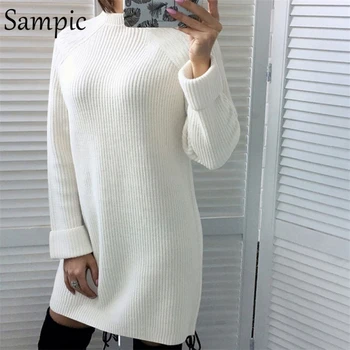 

Sampic solid black gray brown knitted long sleeve sweater dress turtleneck tunic loose casual dresses winter plus size