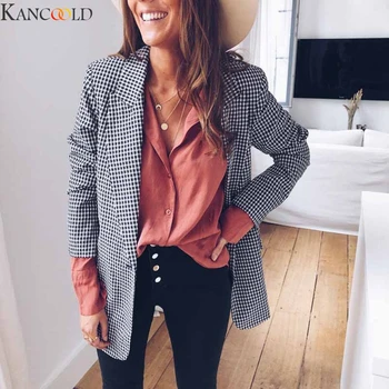 

KANCOOLD Retro Houndstooth Flower Woman Jacket Embroidery Blazers Lapel Plaid OL Long Coat Suits Loose High Quality Cardigan