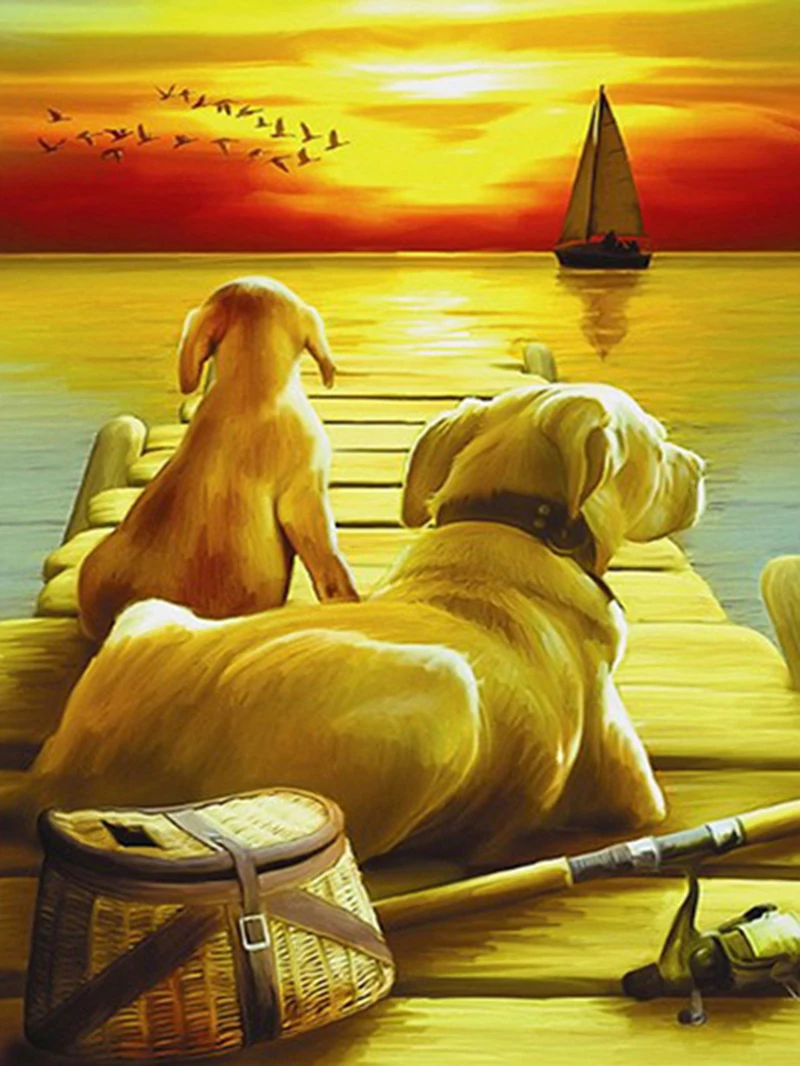 

Full Drill Diamond 5D DIY Diamond Painting "Two Dogs And Sunset" Diamond Embroidery Cross Stitch Rhinestone Mosaic Painting