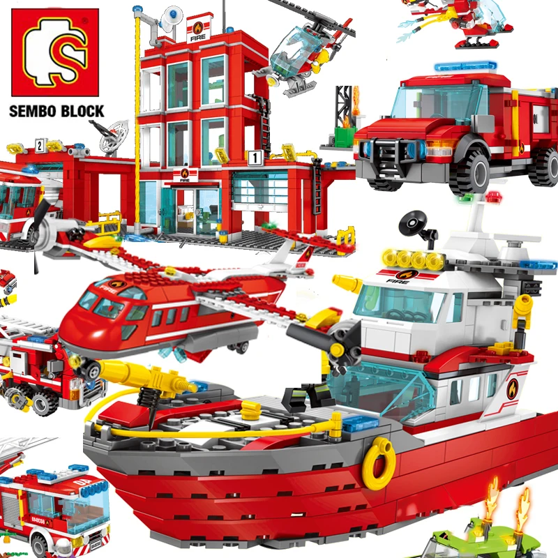 SEMBO BLOCK City Fire Station автомобильный вертолет лодка строительный блок техника боевой