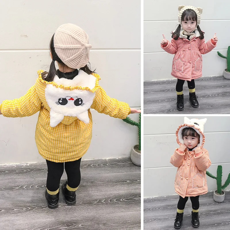 

2019 New Style Sweet CHILDREN'S Cotton-padded Jacket Girls Winter Mid-length Cotton Coat Children Children Plaid Cat Cotton-padd