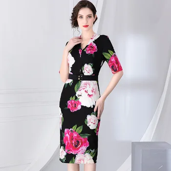 

V-neck Flowers Print Sheath Dress Women 2020 Spring Summer Slim Fashion Floral Ladies Pencil Dress Work Wear Womens Clothing