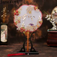 JaneVini, китайский стиль, свадебный веер, полигон, бисерный жемчуг, держатель для невесты, ручной работы, металлические листья, вееры, свадебные ювелирные изделия, аксессуары