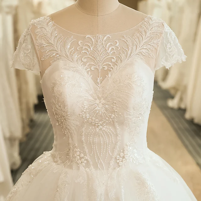 SL-5059 New Arrival Short Sleeve Wedding Bridal Gown Floor Length Beads Embroidery Lace Appliques Ball Gown Wedding Dress 2020 5