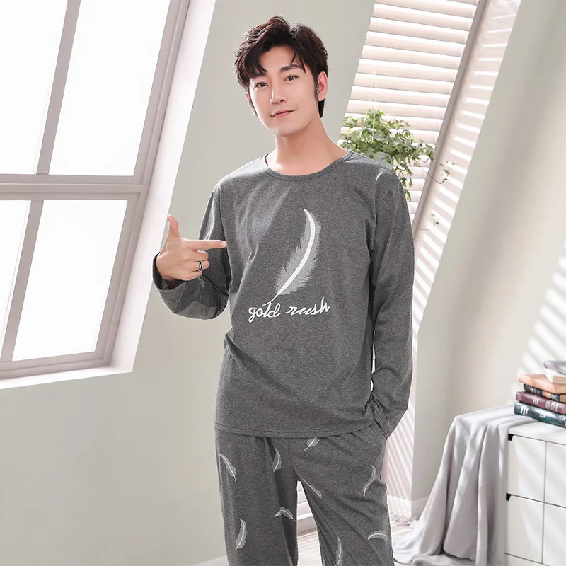 

Autumn Men's Cotton Pajamas Letter Print Long Sleeve Sleepwear Pajama Sets Casual Lounge Suits Pyjamas Plus Size 4XL Homewear