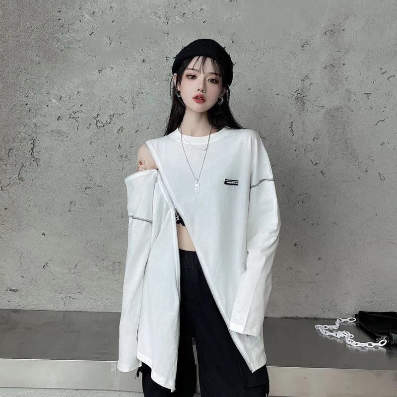 

Sexy Zipper Side Slit Open Shoulder Tunic Slim Women Long Sleeve T Shirt Fall Basic Solid Harajuku Tops White Fashion Oversized