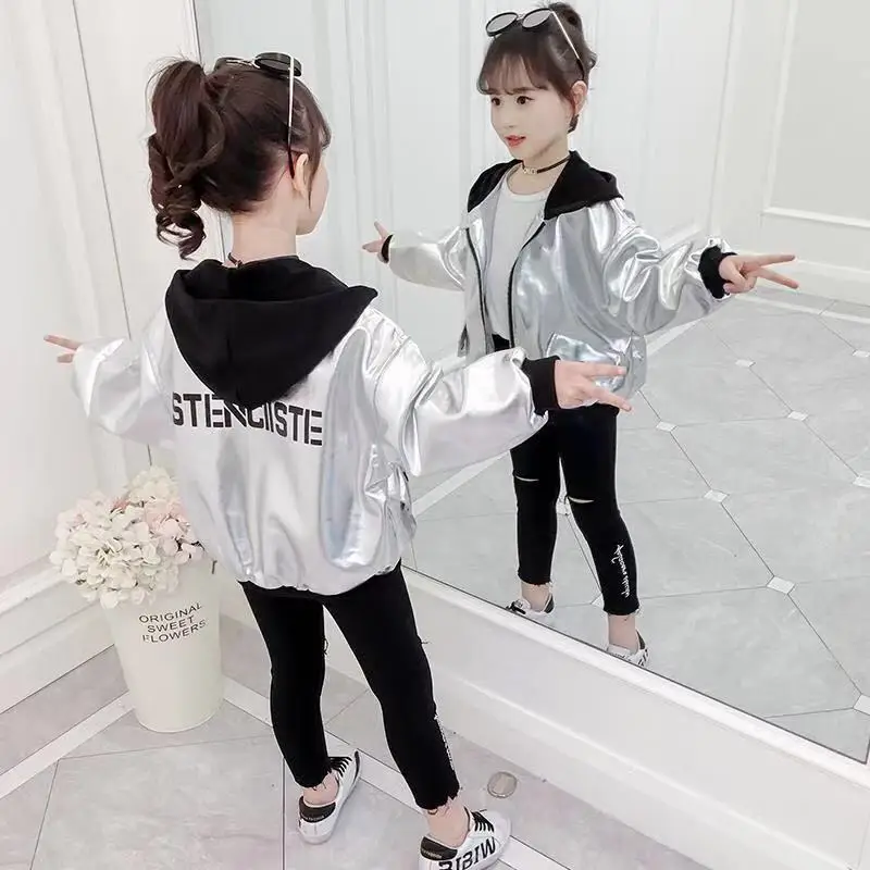 discount  Kids Sport Leather Jacket Fall Girls Hoodies Coat Reflective Silver Long Sleeve Outerwear Polyester