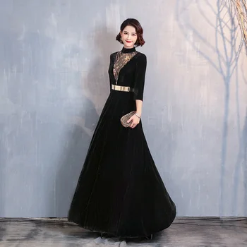 

Black Evening Dresses Long 2020 New Women Elegant Sequin Sashes decoration A line Muslim Evening Party Gown Dress