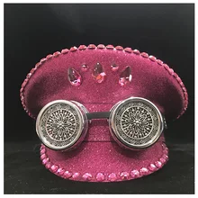 Стимпанк новая женская мода розовый шлем полиции с металлическими классами представление военная шляпа Детская атласная фуражка капитана 3 размера