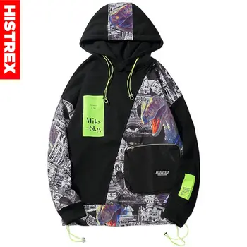 

2019 Men Hip Hop Hoodie Streetwear Dinosaur Printed Harajuku Hoodie Sweatshirt Color Block Zipper Pocket Hooded Pullover Cotton