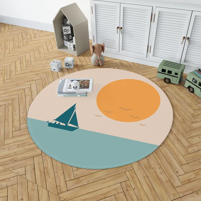 Modern Nordic Style Round Mat Ins Simple Area Rugs Large Home Living Room Bed Bath Decor Dormitory Carpet Sun Sea Boat Mountain