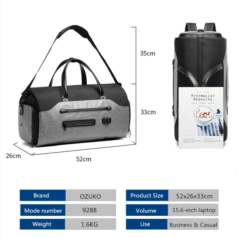 OZUKO Travel Bag Multifunction Men Suit Storage Large Capacity Luggage Handbag Waterproof Duffel Bag Shoes Pocket