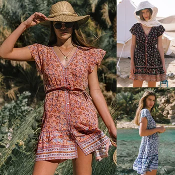 

Rompers Women Jumpsuit flower print Summer Short pleated V-neck Female chest wrapped strapless Playsuit