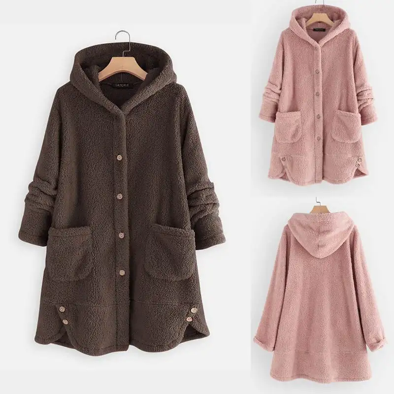 awesome 2019 Fashion Fluffy Coats Women's Windbreakers Winter Casual Long Sleeve Parka Female Button Outwea