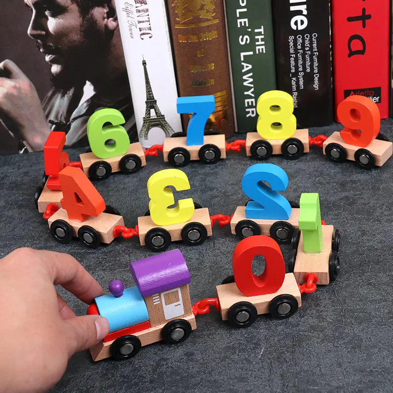 

Baby Montessori Wood Digital Train Figure Model With Numbers Pattern 0~9 Car Toys Early Educational kids Wooden Toys Children