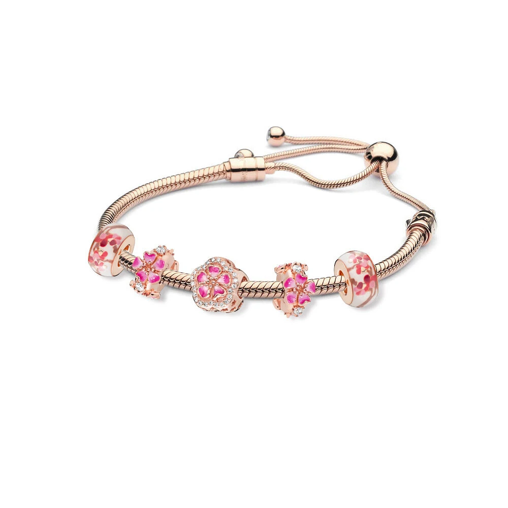 

Kaliyah Shop High Quality Original 1:1 100% 925 Sterling Silver New Zt397-1 Rose Gold Glaze Bead Peach Blossom Beaded Bracelet P