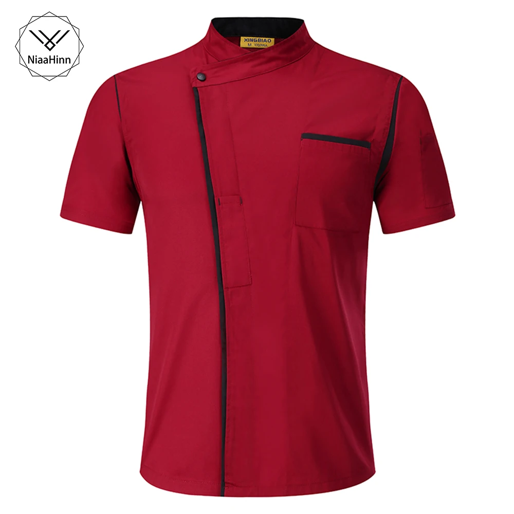 Cena Koszula szefa kobiety mężczyźni z krótkim rękawem kucharz koszula Hotel kuchnia ciasto do kawy sklep żywności usługa ubrania czerwony jedzenie szef kuchni jednolite