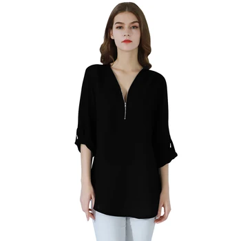 YMING Front Zipper Chiffon Blouse Women V Neck Office Casual Female Ladies Tops Long Sleeve