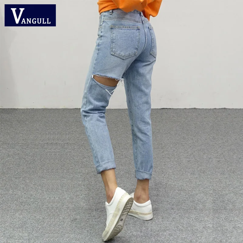 Vangull женские джинсовые брюки джинсы с высокой талией новые модные рваные брюки весенние рваные Брюки повседневные Элегантные женские джинсы до середины икры - Цвет: Синий