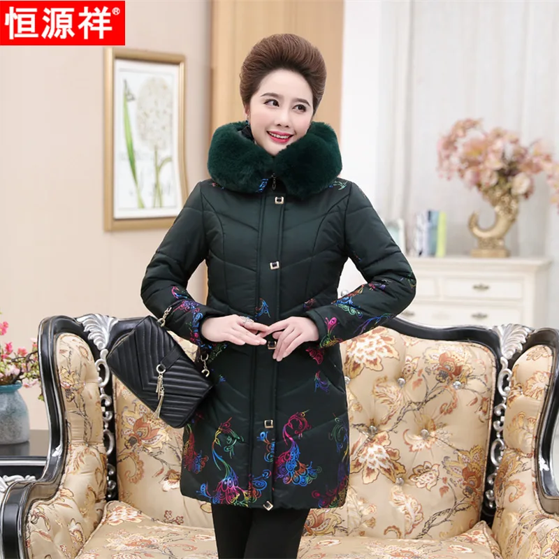 

HYX Middle Aged And Elderly People Cotton-padded Clothes Women Jacket Mom Winter Coat Plus-sized Fur Collar Mid-length down Jack