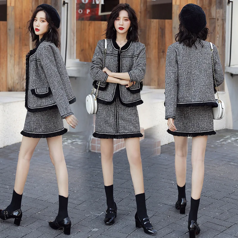 

Korean-style Graceful Tweed WOMEN'S Suit 2019 New Style Long Sleeve Cropped Jacket + High Waist Skirt Two-Piece Set Fashion