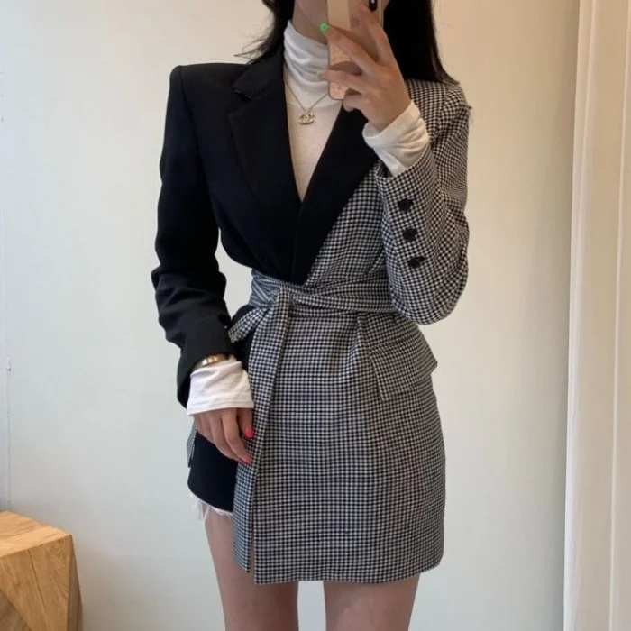 

Fashion Women's Suits & Blazers Womens Blazer Vintage Plaid Patchwork Female Spring Long Sleeve Matching Irregular Jackets Coat